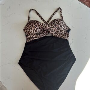 Brown and Black One Piece Swimsuit with Mesh Detailing